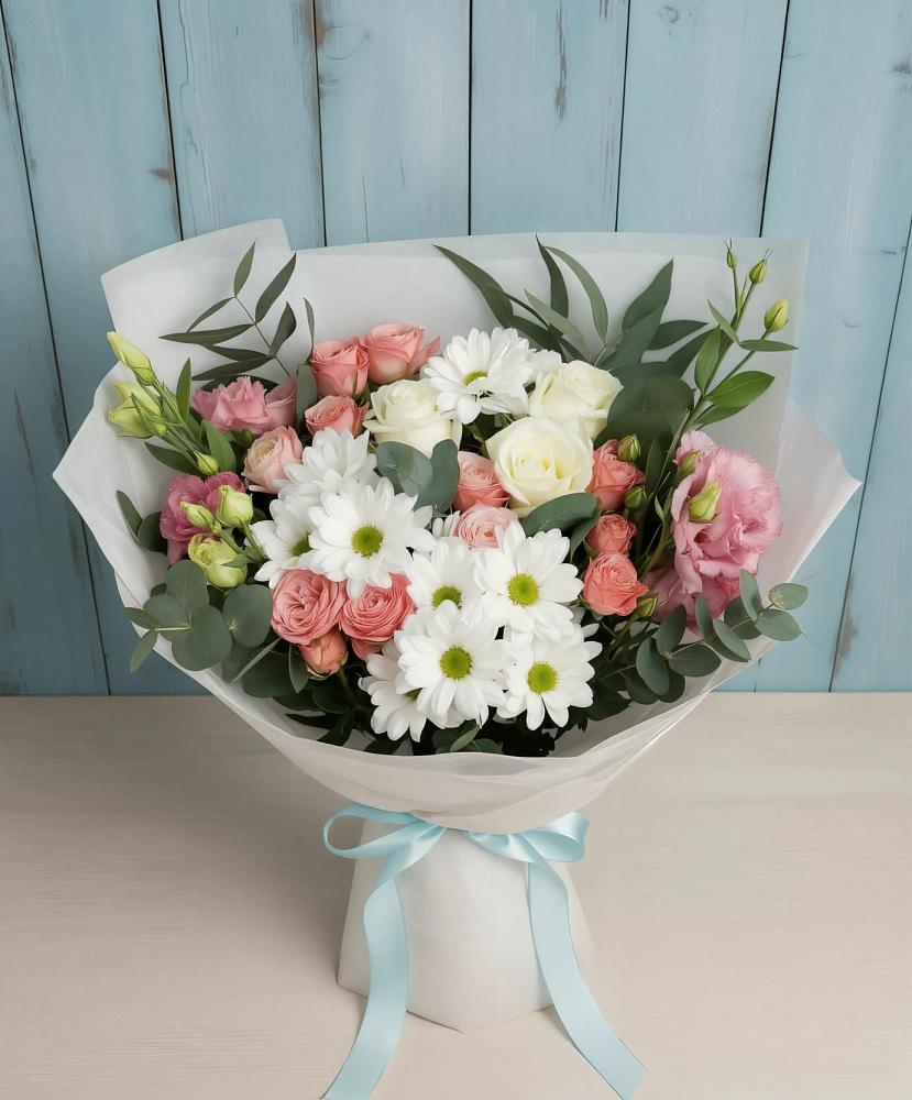Букет цветов из: Розы, Лизиантусы и Хризантемы в Преображенском Ставропольского края