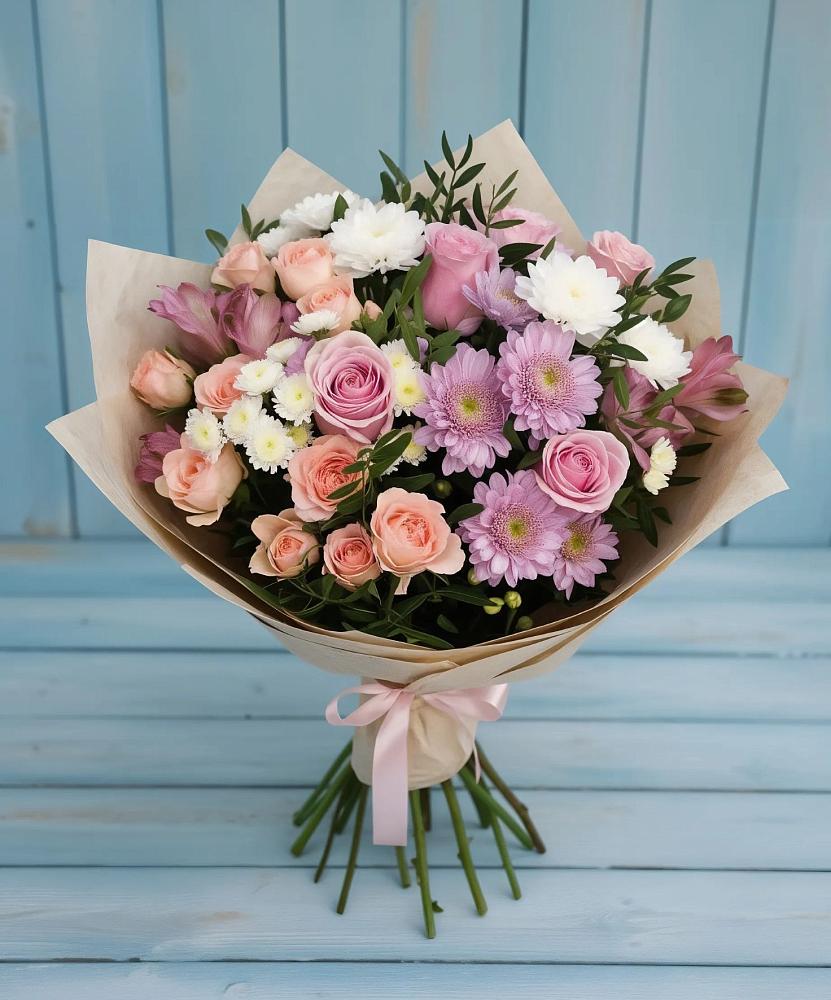 Букет цветов из: Хризантемы, Розы и Альстромерии в Преображенском Ставропольского края