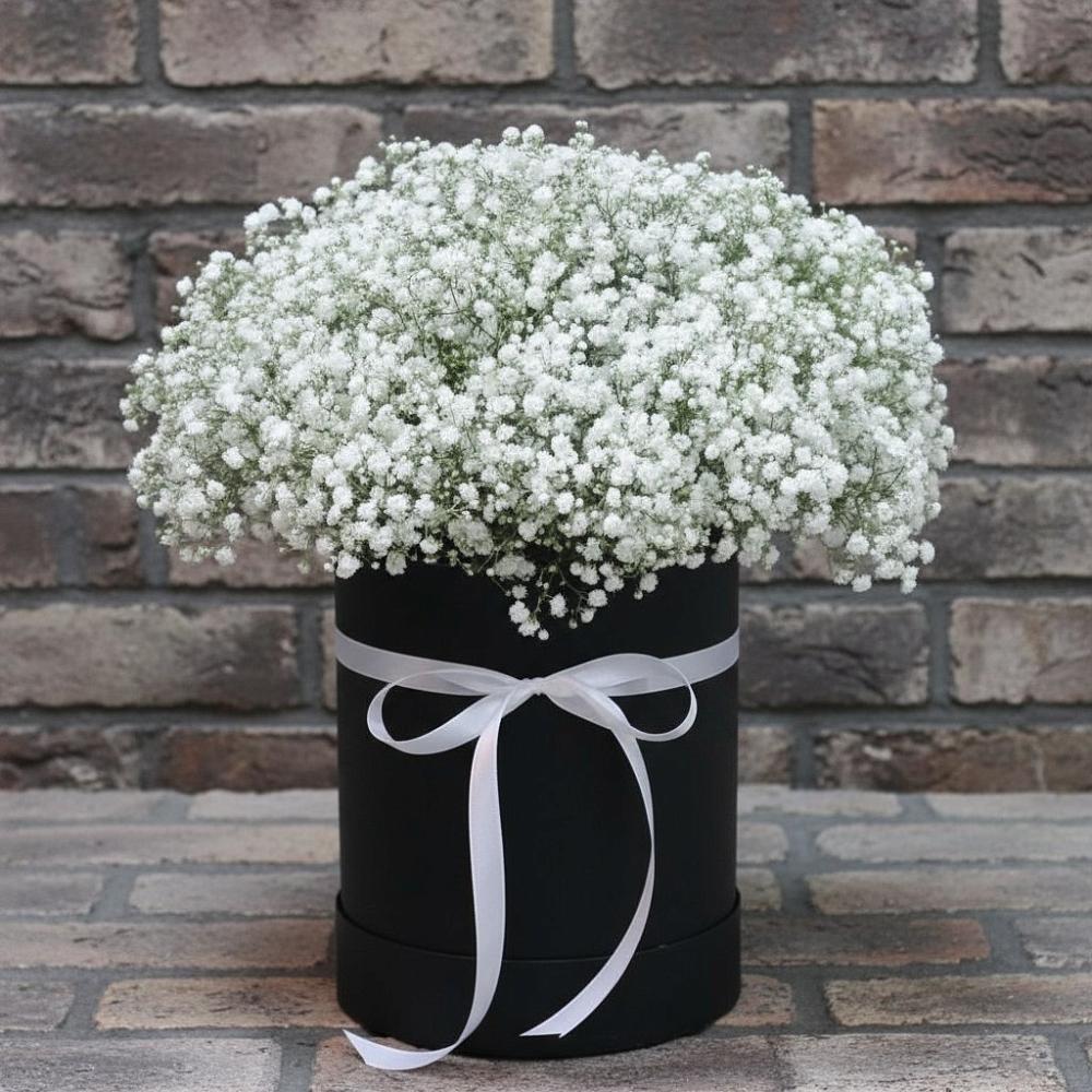 Цветочная композиция из Гипсофила в шляпной коробке в Преображенском Ставропольского края