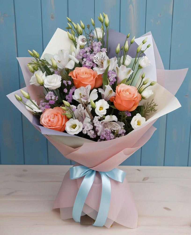 Букет цветов из: Лизиантусы, Розы, Альстромерии и Гипсофила в Преображенском Ставропольского края