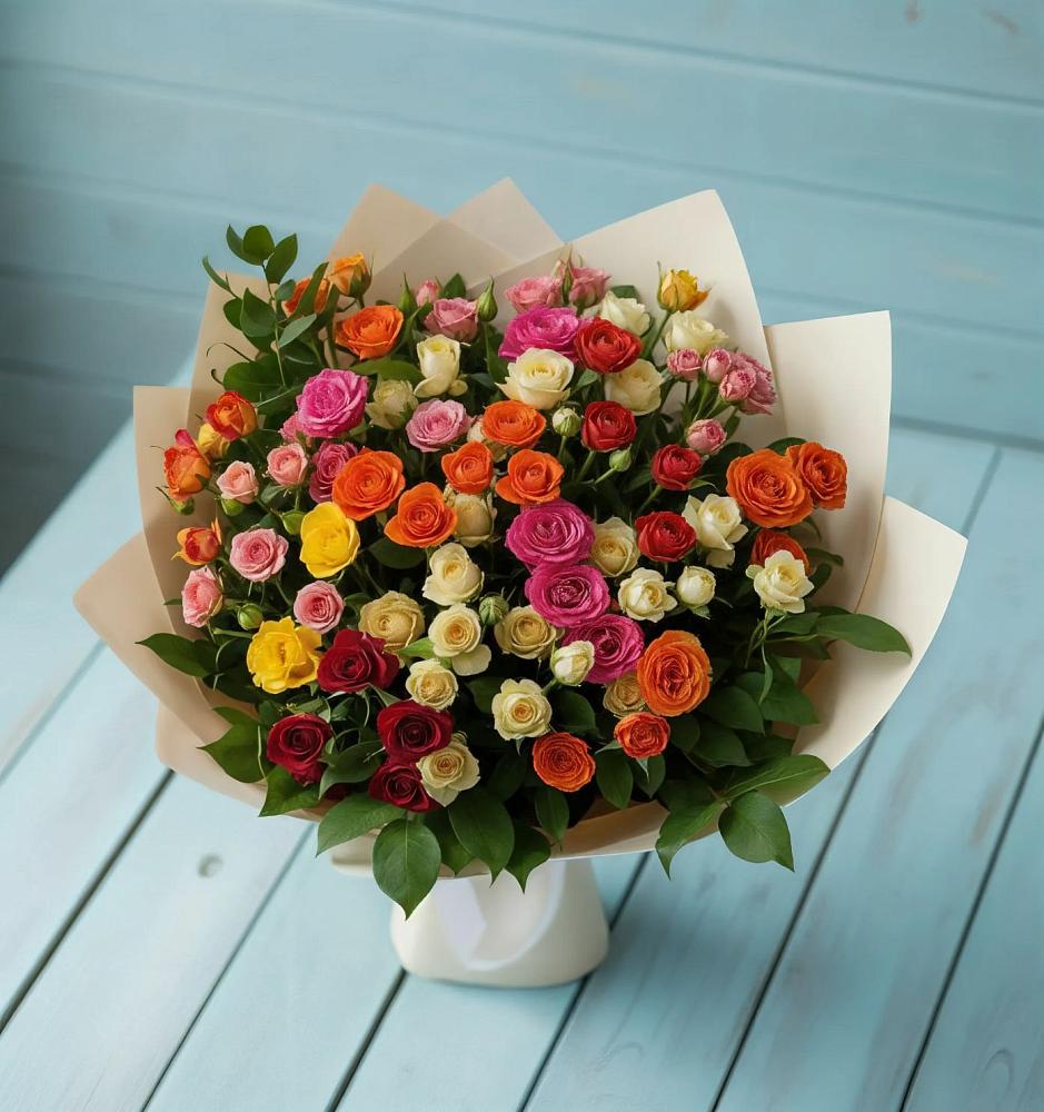 Букет Микс из разноцветных кустовых роз в Преображенском Ставропольского края