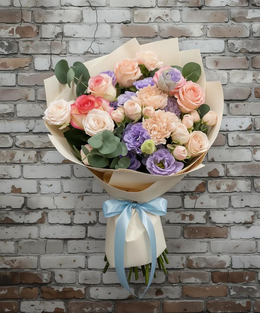 Букет цветов из: Розы, Лизиантусы и Гвоздики в Преображенском Ставропольского края