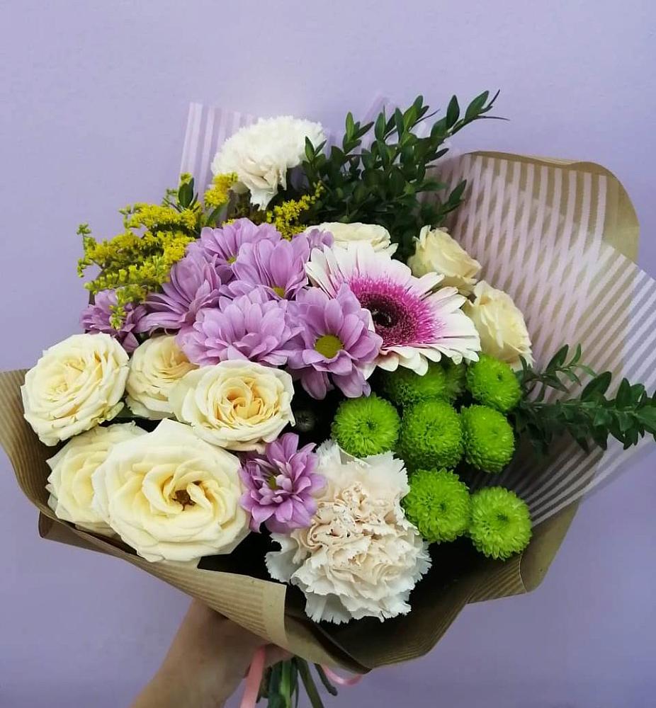 Букет цветов из: Хризантемы, Розы, Гвоздики и Герберы в Преображенском Ставропольского края