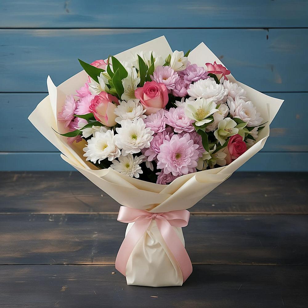 Букет цветов из: Хризантемы, Альстромерии и Розы в Преображенском Ставропольского края